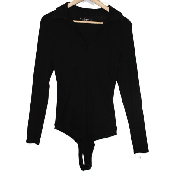 Womens Abercrombie & Fitch Soft AF Rib Black Long Sleeve V-Neck Bodysuit Size XL - Picture 1 of 6